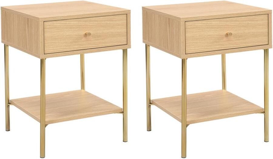 Pascal Morabito Set van 2 nachtkastjes met 1 lade Mdf en metaal Naturel en goud MILAVIA van L 40 cm x H 55 cm x D 40 cm