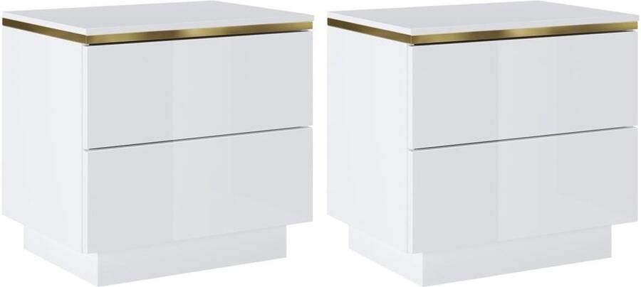 Pascal Morabito Set van 2 nachtkastjes met 2 laden Hoogglans wit en goud VUKIA van L 50 cm x H 50 cm x D 36.8 cm