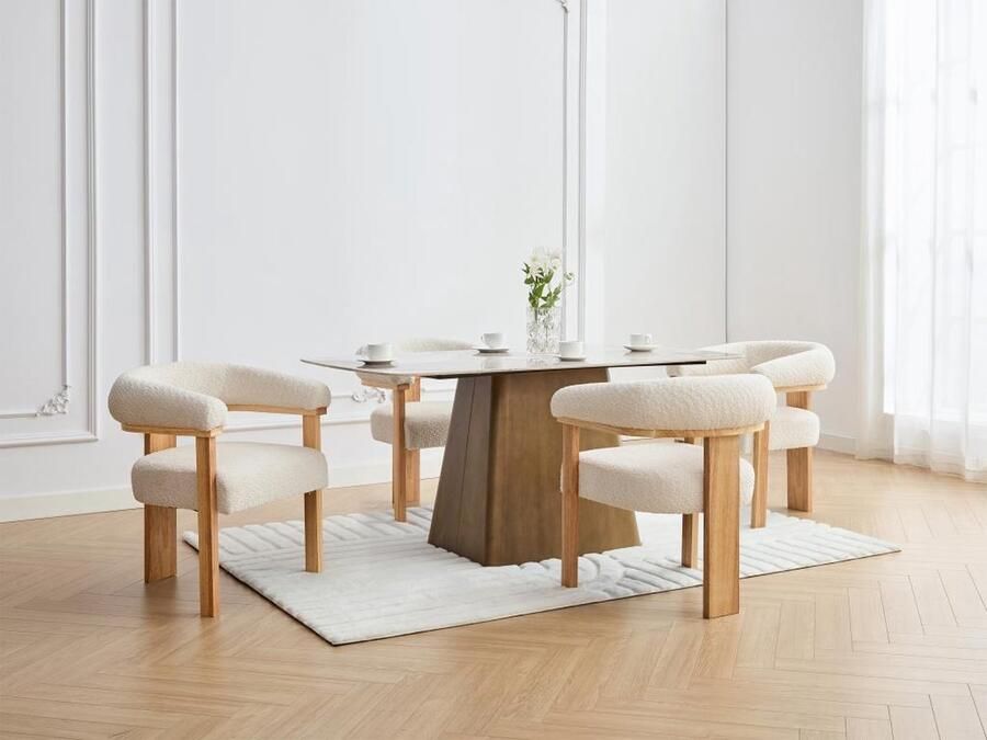 Pascal Morabito Set van 6 stoelen met armleuningen van boucléstof en heveahout Wit en naturel LIVELIA van L 64 cm x H 78 cm x D 60 cm - Foto 2