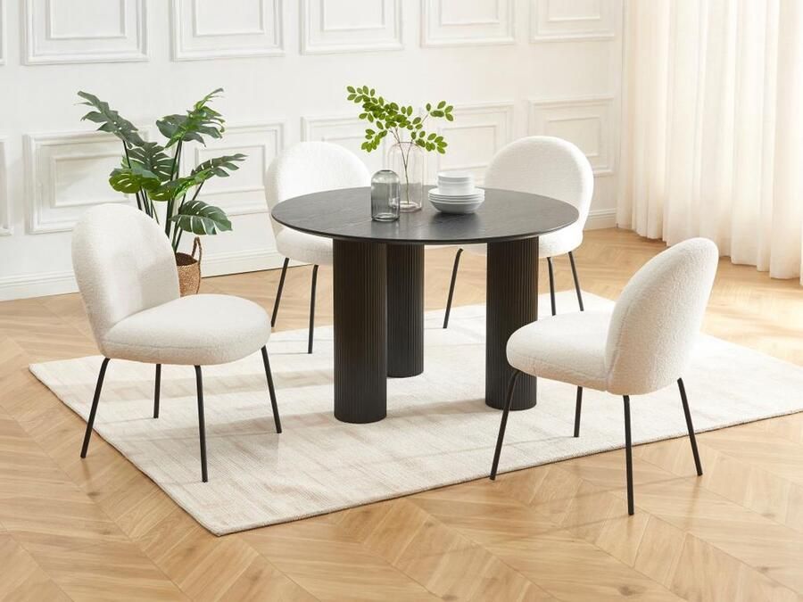 Pascal Morabito Set van 6 stoelen van boucléstof en zwart metaal Crèmewit CURLYN L 59 cm x H 85 cm x D 66 cm