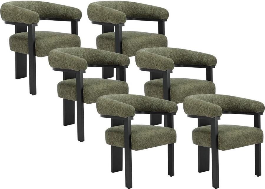Pascal Morabito Set van 6 stoelen met armleuningen van boucléstof en heveahout Kaki en zwart LIVELIA van L 64 cm x H 78 cm x D 60 cm