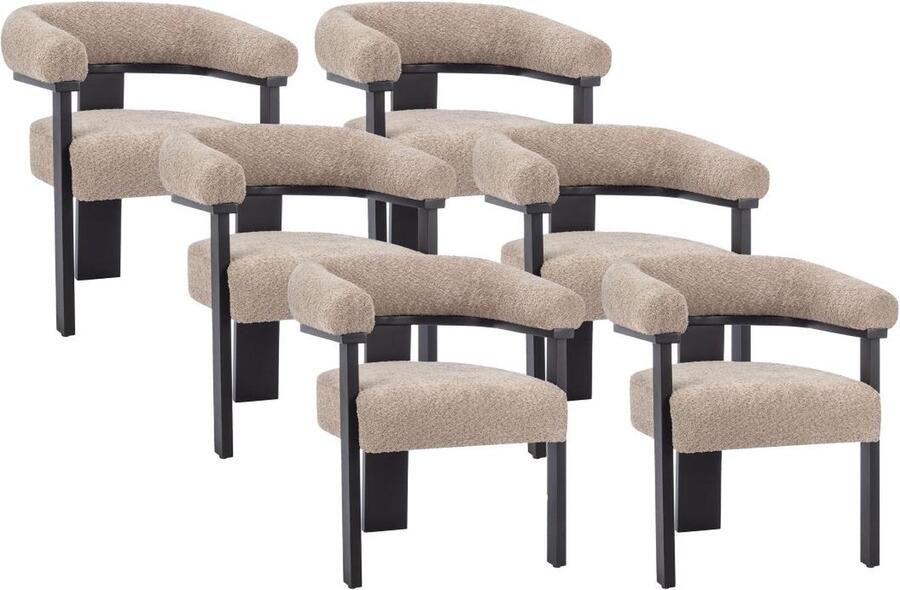 Pascal Morabito Set van 6 stoelen met armleuningen van boucléstof en heveahout Taupegrijs en zwart LIVELIA L 64 cm x H 78 cm x D 60 cm