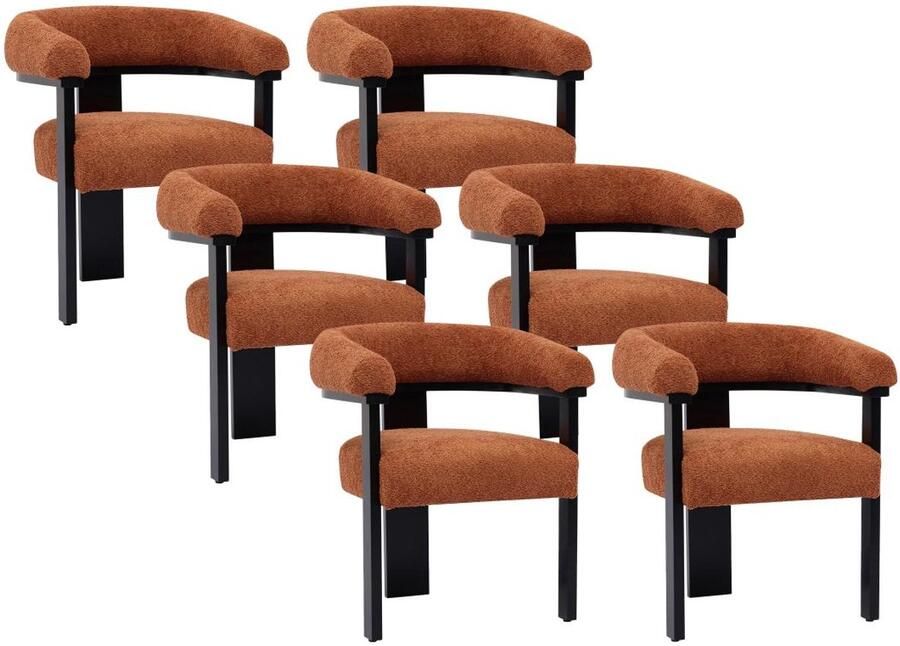 Pascal Morabito Set van 6 stoelen met armleuningen van boucléstof en heveahout Terracotta en zwart LIVELIA van L 64 cm x H 78 cm x D 60 cm