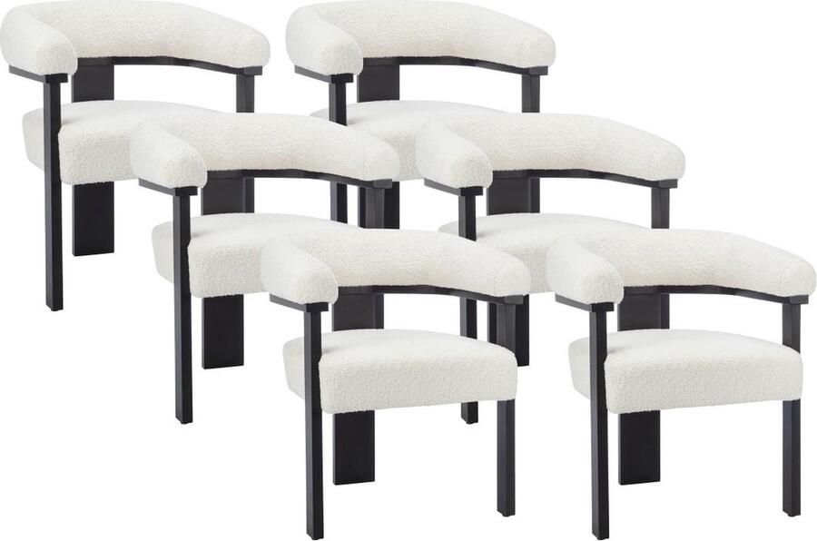Pascal Morabito Set van 6 stoelen met armleuningen van boucléstof en heveahout Wit en zwart LIVELIA L 64 cm x H 78 cm x D 60 cm