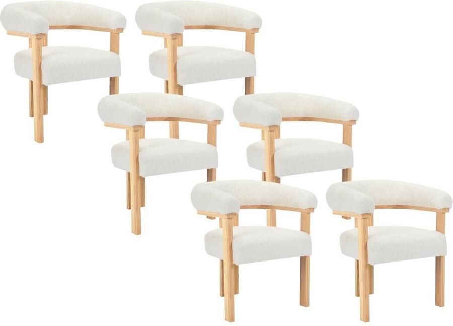 Pascal Morabito Set van 6 stoelen met armleuningen van boucléstof en heveahout Wit en naturel LIVELIA van L 64 cm x H 78 cm x D 60 cm