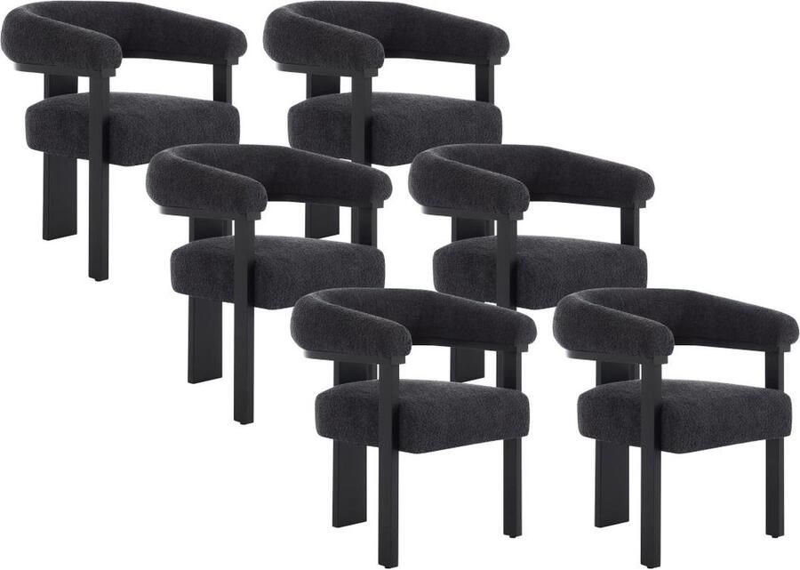Pascal Morabito Set van 6 stoelen met armleuningen van boucléstof en heveahout Zwart LIVELIA van L 64 cm x H 78 cm x D 60 cm