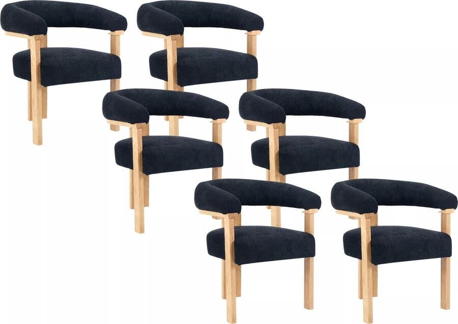 Pascal Morabito Set van 6 stoelen met armleuningen van boucléstof en heveahout Zwart en naturel LIVELIA van L 64 cm x H 78 cm x D 60 cm