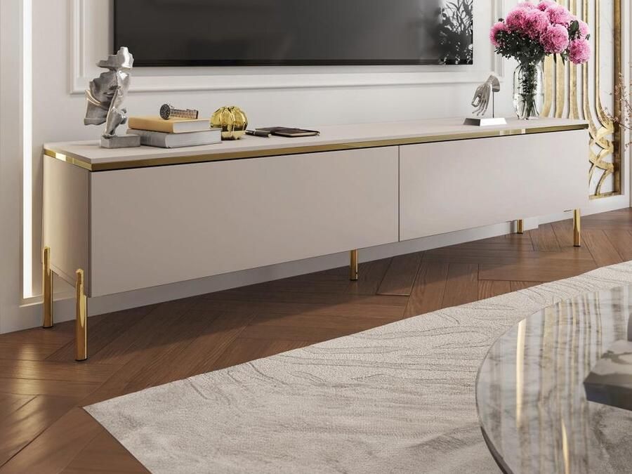 Pascal Morabito Tv-meubel met 2 deurtjes Beige en goudkleurig VUKIA van L 180 cm x H 46.8 cm x D 39.6 cm - Foto 2
