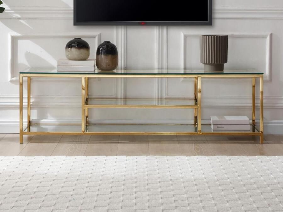 Pascal Morabito Tv-meubel met 2 planken van gehard glas en roestvrij staal Transparant en goudkleurig RIMALI van L 160 cm x H 46.5 cm x D 40 cm - Foto 2