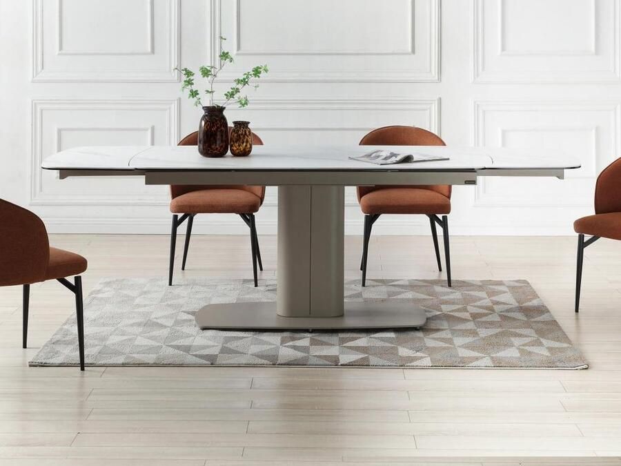 Pascal Morabito Verlengbare eettafel 6 tot 10 plaatsen van keramiek en metaal Wit en taupegrijs marmereffect CARIOULA van L 250 cm x H 76 cm x D 90 cm