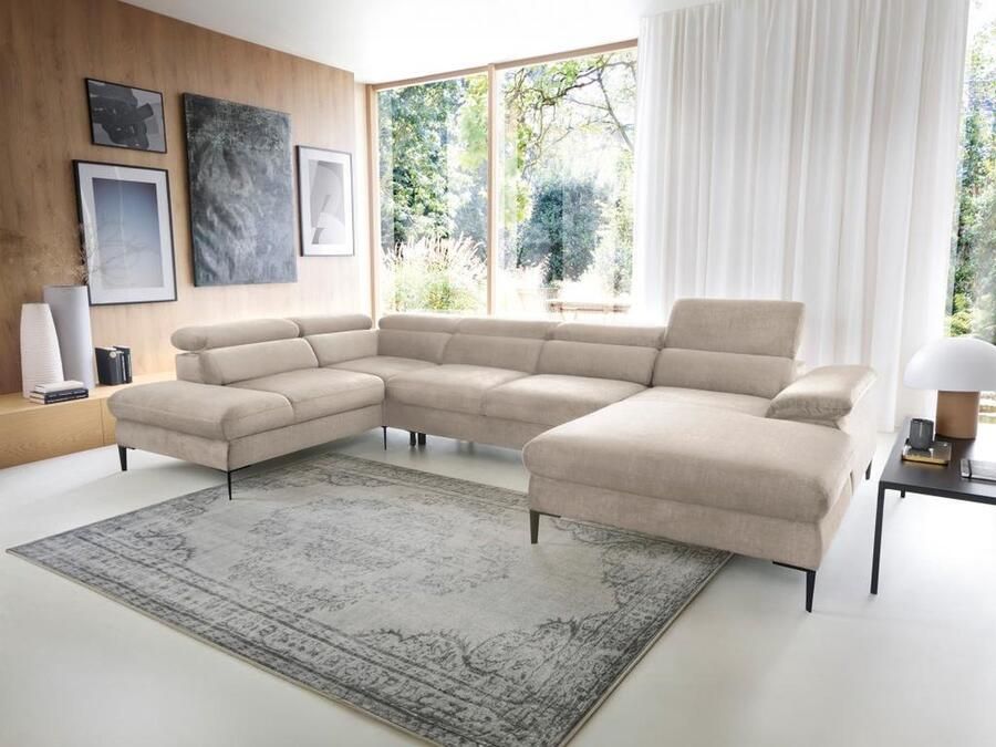 Pascal Morabito XXL hoekslaapbank met hoek rechts van beige velours SEPINA van L 353 cm x H 75 cm x D 214 cm