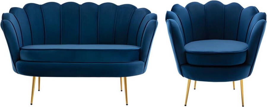 Pascal Morabito Set tweezitsbank en fauteuil van fluweel Nachtblauw DANDELION L 124 cm x H 78 cm x D 75 cm
