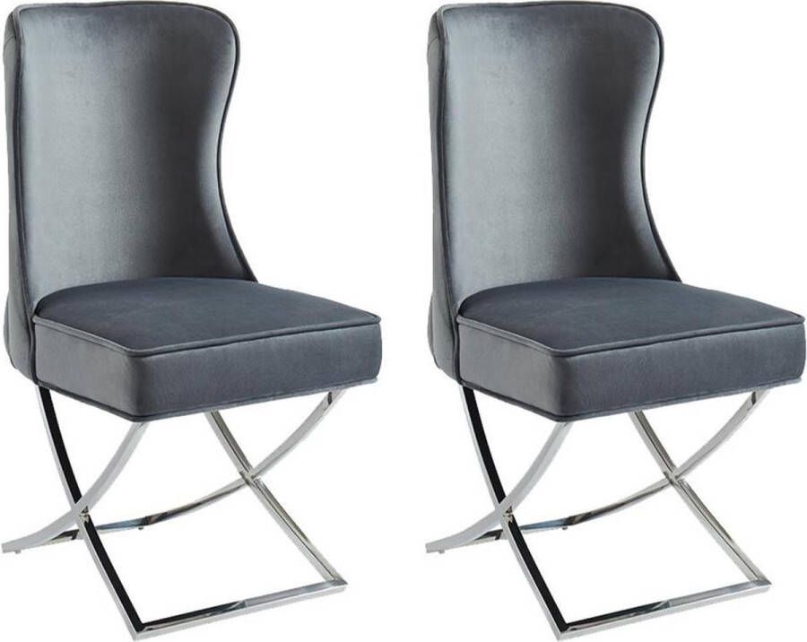 Pascal Morabito Set van 2 stoelen van velours en roestvrij staal Grijs en chroomkleurige poten MARELANO van L 53.5 cm x H 101 cm x D 64.5 cm