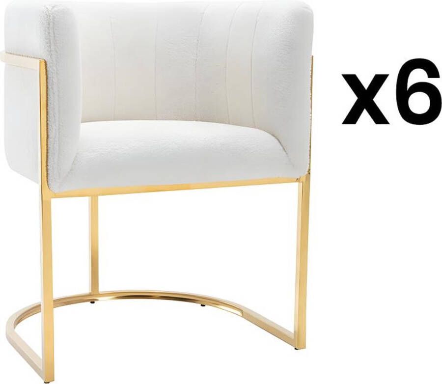 Pascal Morabito Set van 6 stoelen met armleuningen Boucléstof en roestvrij staal Wit en goudkleurig PERIA van L 60 cm x H 76 cm x D 56.5 cm