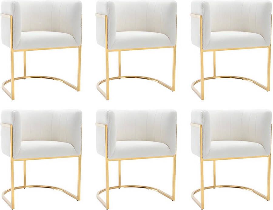Pascal Morabito Set van 6 stoelen met armleuningen Boucléstof en roestvrij staal Wit en goudkleurig PERIA van L 60 cm x H 76 cm x D 56.5 cm