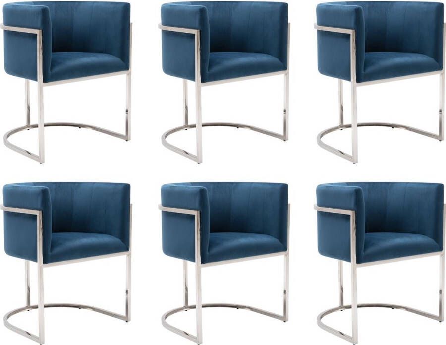 Pascal Morabito Set van 6 stoelen met armleuningen Velours en roestvrij staal Blauw en verchroomd PERIA van L 60 cm x H 76 cm x D 56.5 cm