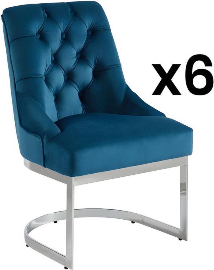 Pascal Morabito Set van 6 stoelen van velours en roestvrij staal Blauw en chroomkleurige poten PORILASO L 59 cm x H 93 cm x D 68 cm