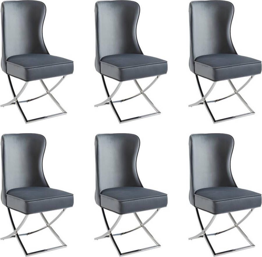 Pascal Morabito Set van 6 stoelen van velours en roestvrij staal Grijs en chroomkleurige poten MARELANO van L 53.5 cm x H 101 cm x D 64.5 cm - Foto 2