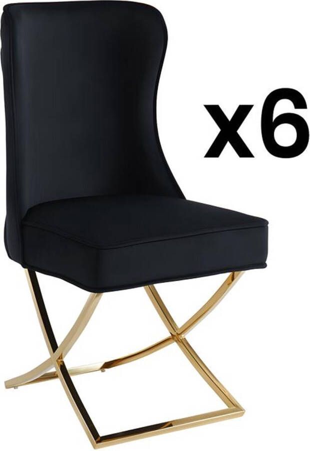 Pascal Morabito Set van 6 stoelen van velours en roestvrij staal Zwart en goudkleurige poten MARELANO van L 53.5 cm x H 101 cm x D 64.5 cm