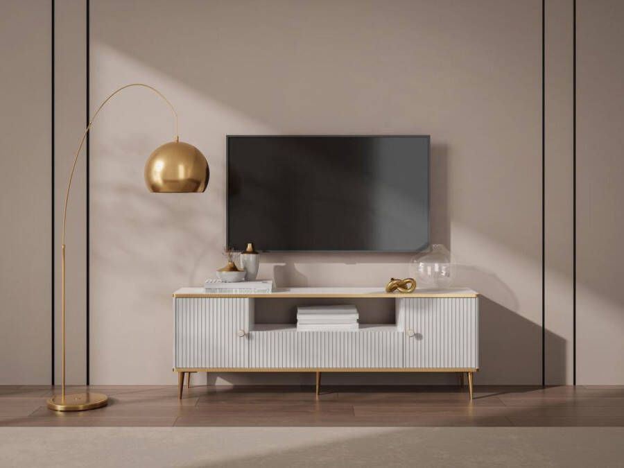 Pascal Morabito Tv-meubel met 2 deuren 1 lade en 1 nis van mdf en staal Wit en goudkleurig SINEAD van L 160 cm x H 55.2 cm x D 35 cm
