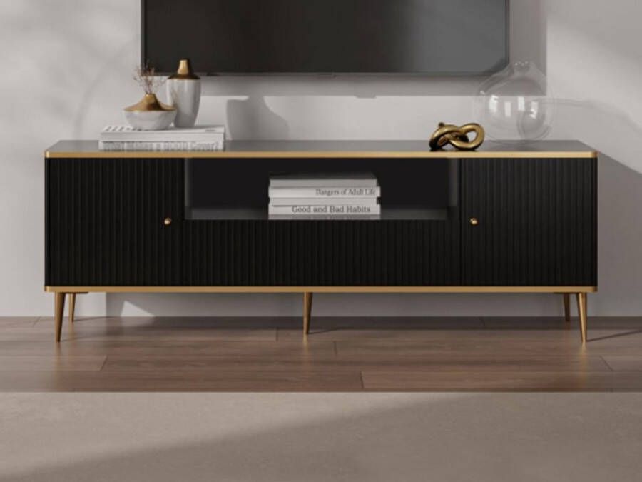 Pascal Morabito Tv-meubel met 2 deuren 1 lade en 1 nis van mdf en staal Zwart en goudkleurig SINEAD van L 160 cm x H 55.2 cm x D 35 cm