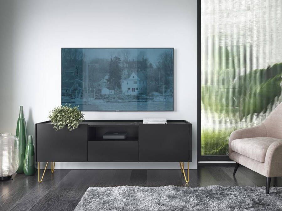Pascal Morabito Tv-meubel met 2 deuren 1 lade en 1 nis Zwart marmereffect en goudkleurig PIOLUN van L 144 cm x H 55 cm x D 37 cm