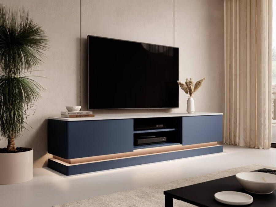 Pascal Morabito Tv-meubel met 2 lades en 2 nissen met ledverlichting Mdf Blauw met wit marmereffect DEVIKA van L 190 cm x H 44 cm x D 40 cm - Foto 2