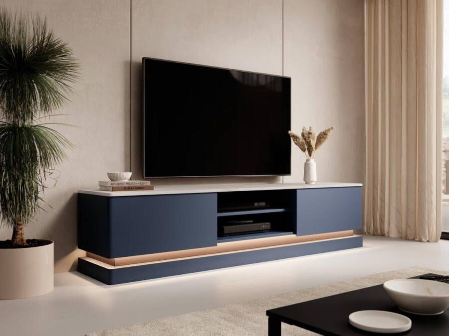 Pascal Morabito Tv-meubel met 2 lades en 2 nissen met ledverlichting Mdf Blauw met wit marmereffect DEVIKA van L 190 cm x H 44 cm x D 40 cm