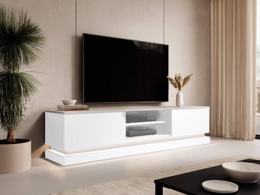 Pascal Morabito Tv-meubel met 2 lades en 2 nissen met ledverlichting van mdf Glanzend wit met wit marmereffect DEVIKA van L 190 cm x H 44 cm x D 40 cm
