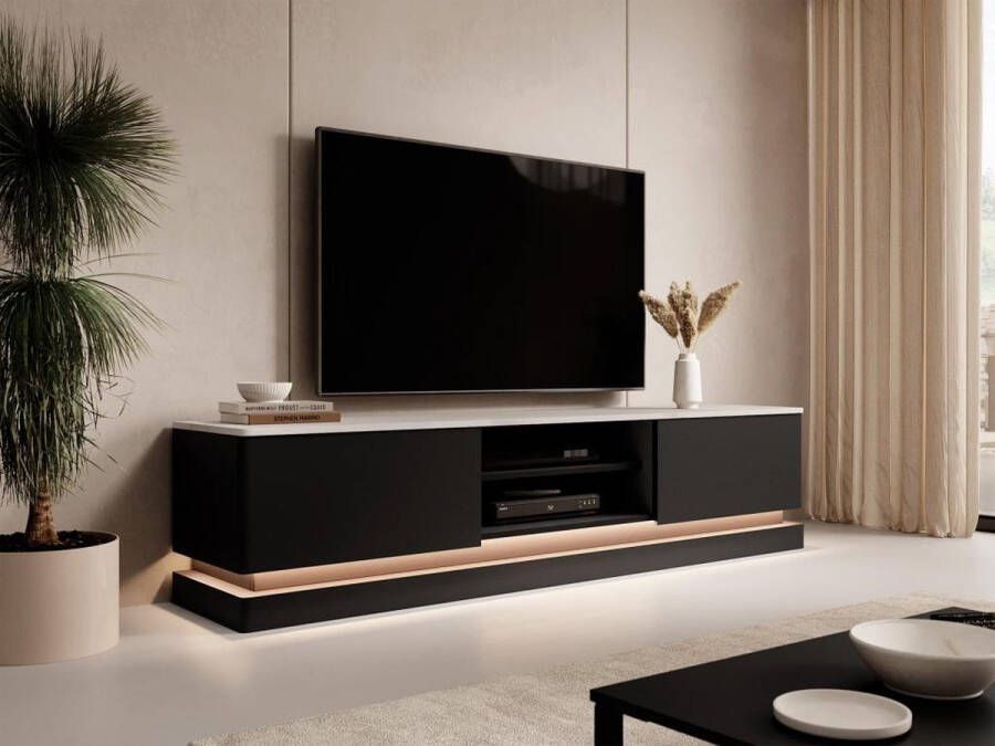Pascal Morabito Tv-meubel met 2 lades en 2 nissen met ledverlichting van mdf Zwart met wit marmereffect DEVIKA van L 190 cm x H 44 cm x D 40 cm