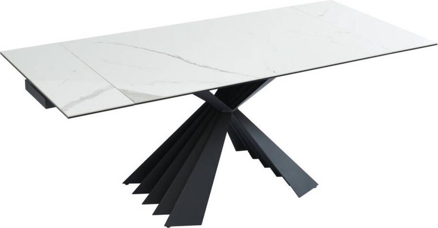 Pascal Morabito Uittrekbare eettafel voor 4 tot 8 personen in keramiek en metaal Look van wit marmer en zwart BEKIM van L 200 cm x H 76 cm x D 90 cm