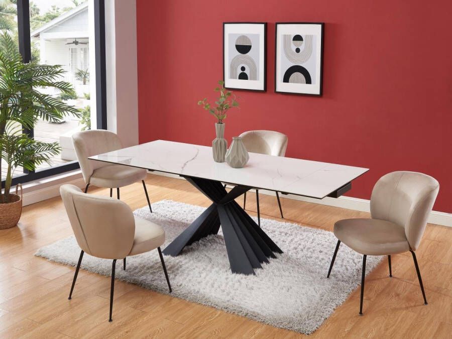 Pascal Morabito Uittrekbare eettafel voor 4 tot 8 personen in keramiek en metaal Look van wit marmer en zwart BEKIM van L 200 cm x H 76 cm x D 90 cm