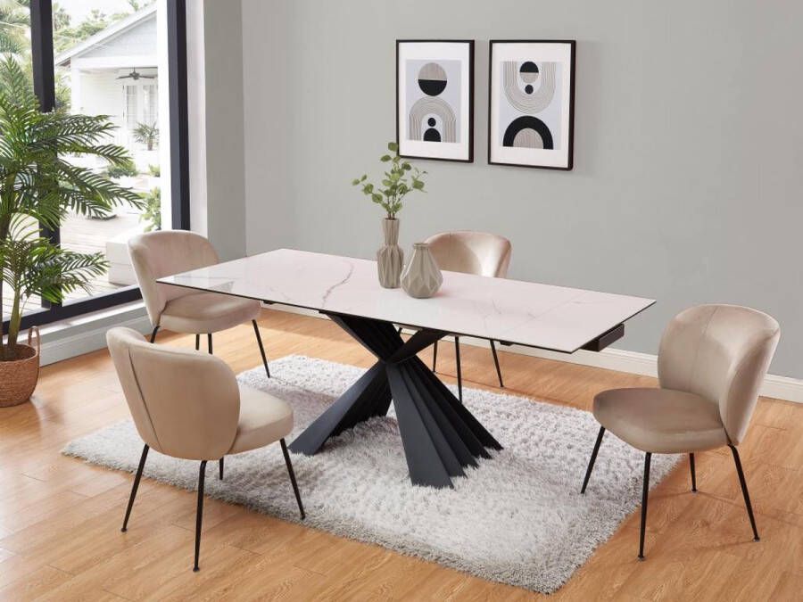 Pascal Morabito Uittrekbare eettafel voor 4 tot 8 personen in keramiek en metaal Look van wit marmer en zwart BEKIM van L 200 cm x H 76 cm x D 90 cm