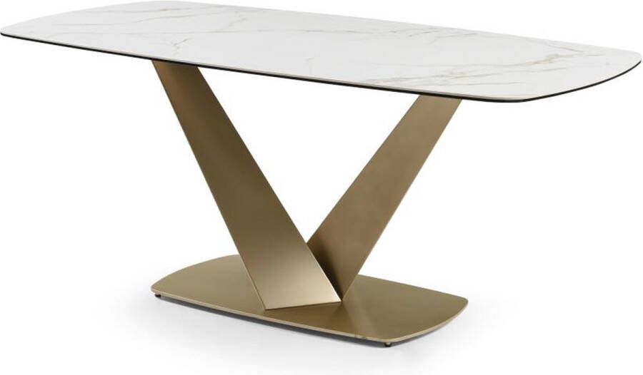 Maison Céphy Verlengbare eettafel 6 plaatsen van keramiek en metaal Wit marmereffect en goud PORELIMA van Pascal MORABITO L 180 cm x H 76 cm x D 90 cm - Foto 4