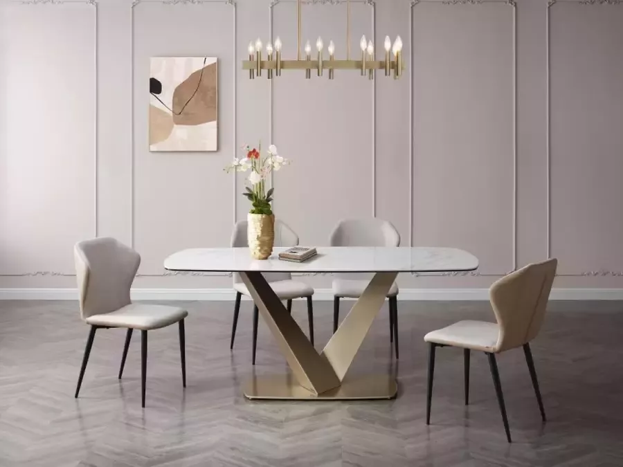 Maison Céphy Verlengbare eettafel 6 plaatsen van keramiek en metaal Wit marmereffect en goud PORELIMA van Pascal MORABITO L 180 cm x H 76 cm x D 90 cm