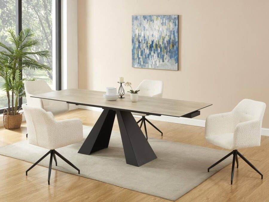 Pascal Morabito Verlengbare eettafel 6 tot 10 plaatsen van gehard glas keramiek en metaal Licht naturel en zwart LOZIPA van L 240 cm x H 76 cm x D 90 cm