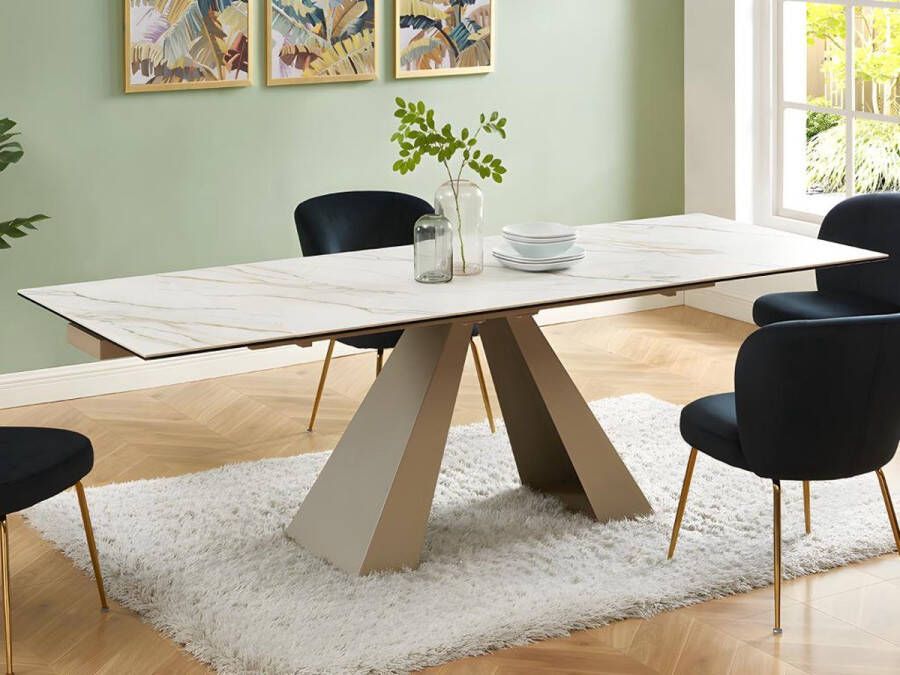 Vente-unique Verlengbare eettafel 6 tot 10 plaatsen van keramiek en metaal Wit en beige marmerect LOZIPA van Pascal Morabito L 240 cm x H 76 cm x D 90 cm - Foto 2