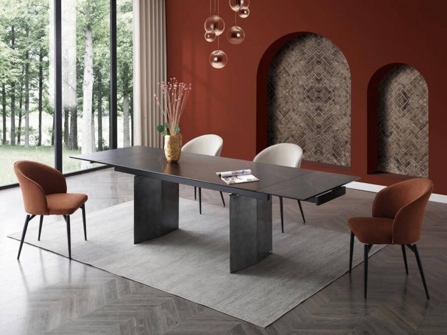 Pascal Morabito Verlengbare eettafel 6 tot 10 plaatsen van keramiek en metaal Zwart marmereffect MISENO van L 260 cm x H 76 cm x D 90 cm