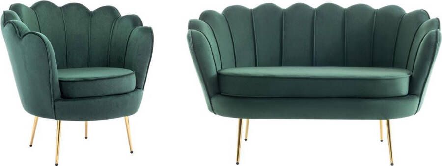 Pascal Morabito Zitbank 2 personen en fauteuil in schelpvorm in dennengroen fluweel DANDELION L 124 cm x H 78 cm x D 75 cm