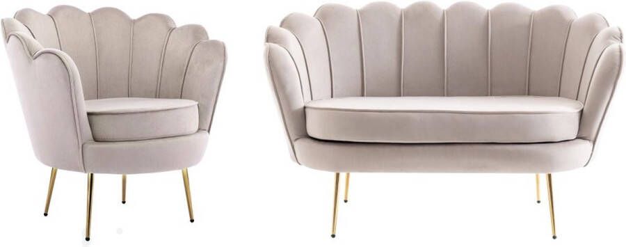 Pascal Morabito Zitbank 2 personen en fauteuil in schelpvorm in taupe fluweel DANDELION L 124 cm x H 78 cm x D 75 cm