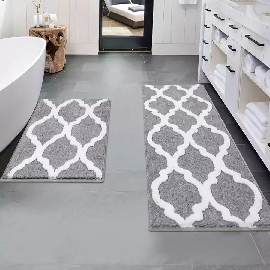 Pauwer Baddeken set van 2 stuks microvezel badkamermat voor badkamerkasten antislip absorberend wasbaar badmat voor badkamer keuken slaapkamer (grijs 45 x 65 cm+45 x 120 cm)