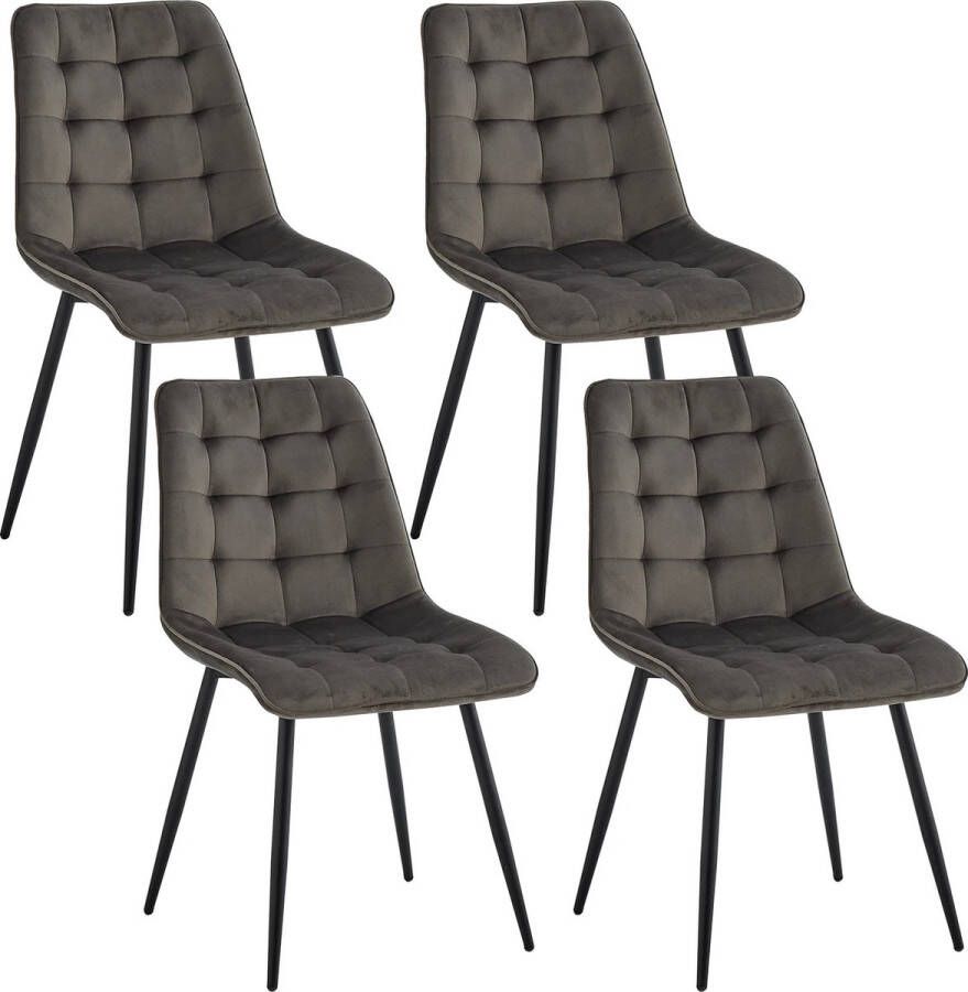 PC-Deals Een Set Van 4 Fluwelen Eetkamerstoelen DonkerGrijs Metalen Poten Moderne Comfortabele Stoel Voor Keuken Slaapkamer Woonkamer Huismeubilair