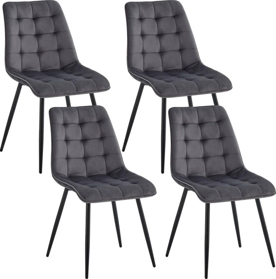 PC-Deals Een Set Van 4 Fluwelen Eetkamerstoelen Grijs Metalen Poten Moderne Comfortabele Stoel Voor Keuken Slaapkamer Woonkamer Huismeubilair