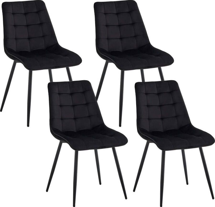 PC-Deals Een Set Van 4 Fluwelen Eetkamerstoelen Zwart Metalen Poten Moderne Comfortabele Stoel Voor Keuken Slaapkamer Woonkamer Huismeubilair