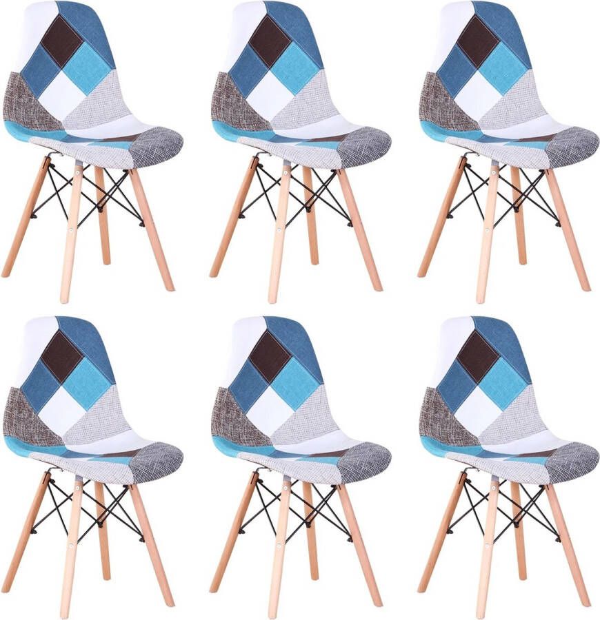 PC-Deals Egoonm Een Set Van 6 Eetkamerstoelen Patchwork Stof Met Houten Poten Moderne Stijl Keukenstoel Voor Eetkamer Meubels Multicolor