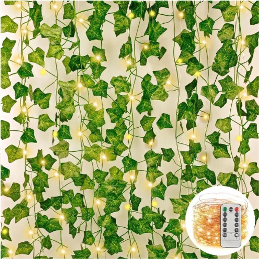 PEAM 12 Stuks Ivy Lichtsnoer – 24 Meter Kunstklimop Met 300 LED Lampen – Groene Hangende Nepslinger – Kunstplant Slinger Voor Kamerdecoratie Esthetisch Interieur En Balkon