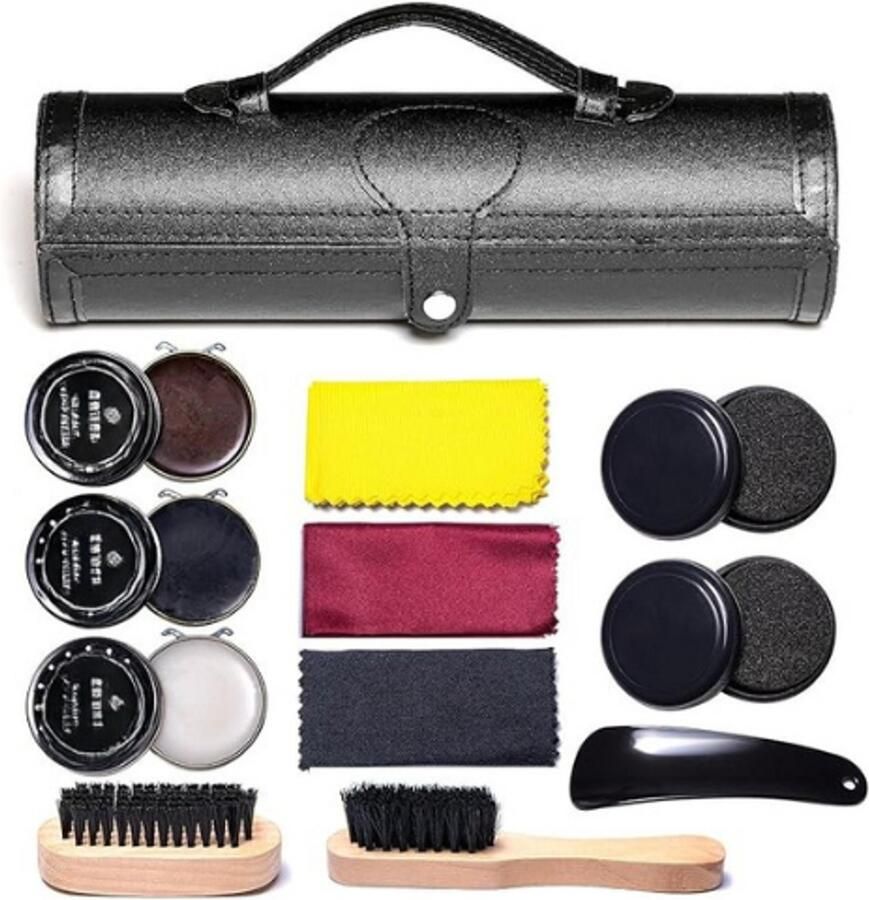 PEAM 12Stuks Schoenpoets Set-Reis Schoonmaak En Verzorgingskit-Met Borstels En Reiscase-Voor Bruin En Zwart Leder-Compleet Voor Schoenonderhoud