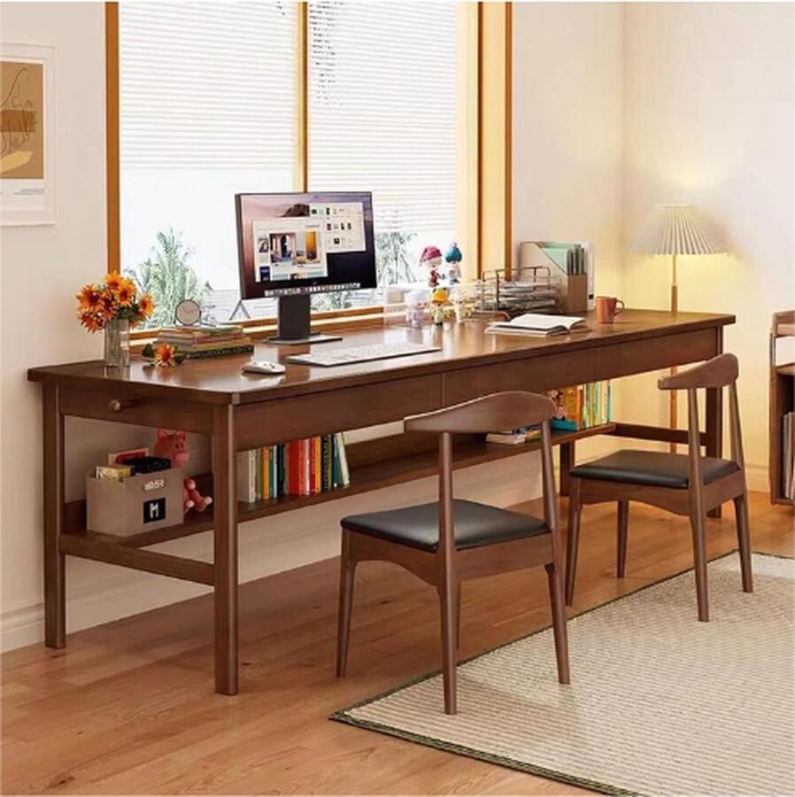 PEAM 160Cm Lang Bureau Met 3 Laden Massief Houten Computerbureau Eenvoudig Bureau Grote Pc-Tafel Voor Thuis En Kantoor Eenvoudig Te Monteren 160 X 60 X 75 Cm Walnoot
