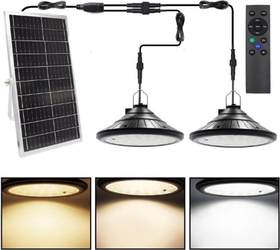 PEAM 2-in-1 Solar Hanglamp 1200LM – Dimbaar LED Buitenlamp met Afstandsbediening en Timer – 100 LED s – 3200K 4800K 5200K – IP66 Waterdicht – Energieklasse F