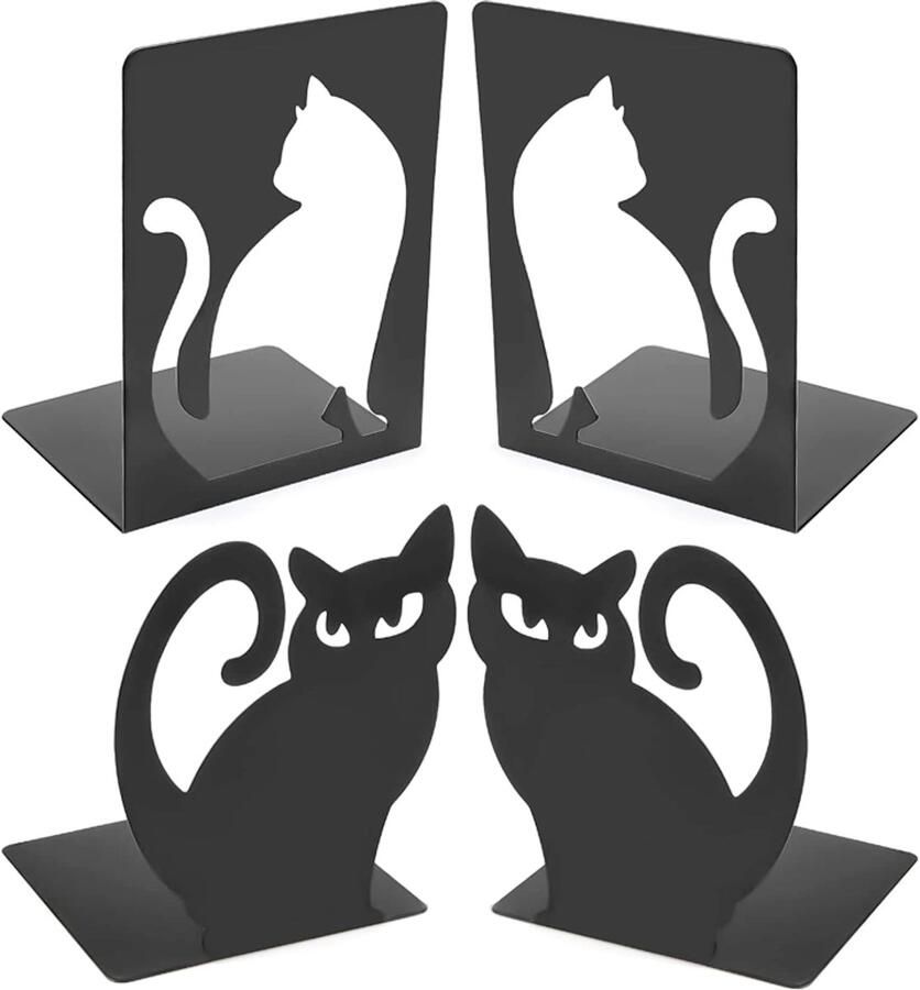 PEAM 2 Paar Boekensteunen Metaal Kat Boekensteun Antislip Boekenstandaard Zwart Boekenhouder Voor Boeken DVD's Boekenhouder Voor Plank Kantoor Bibliotheek Huis En School